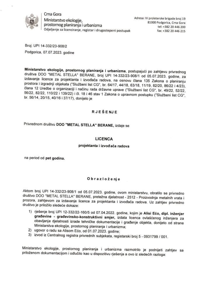 Licence projektanata i izvođača radova - UPI 14-332-23-908-2 DOO METAL STELLA