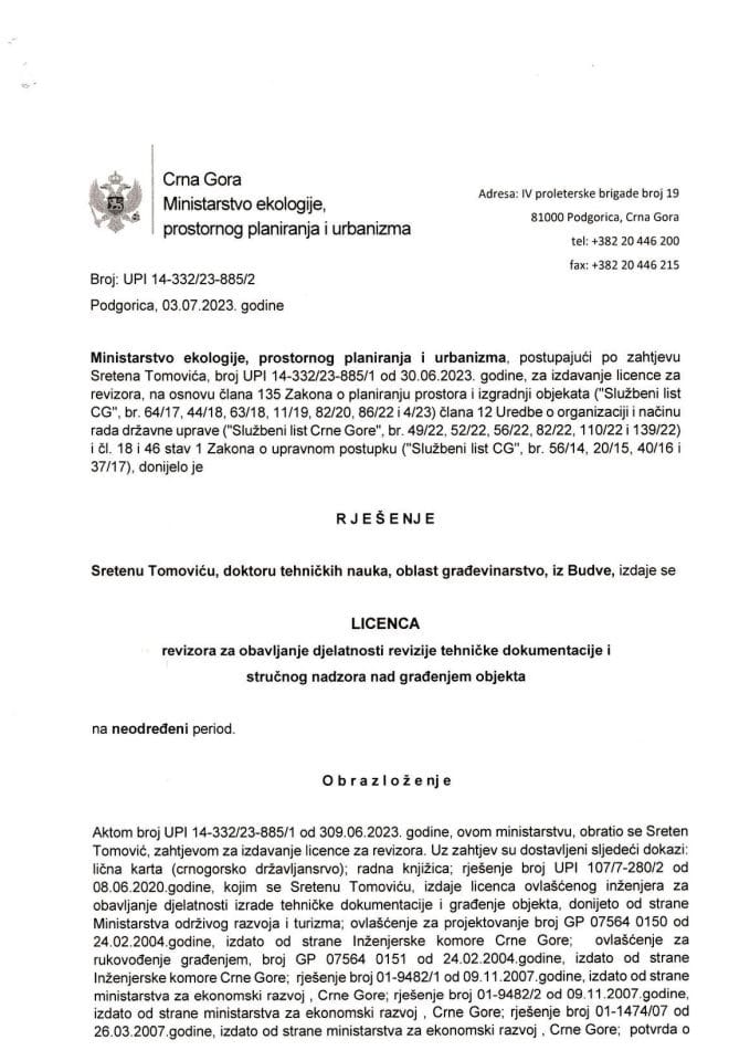 Licenca revizora za građevinsku djelatnost - UPI 14-332-23-885-2 SRETEN TOMOVIĆ