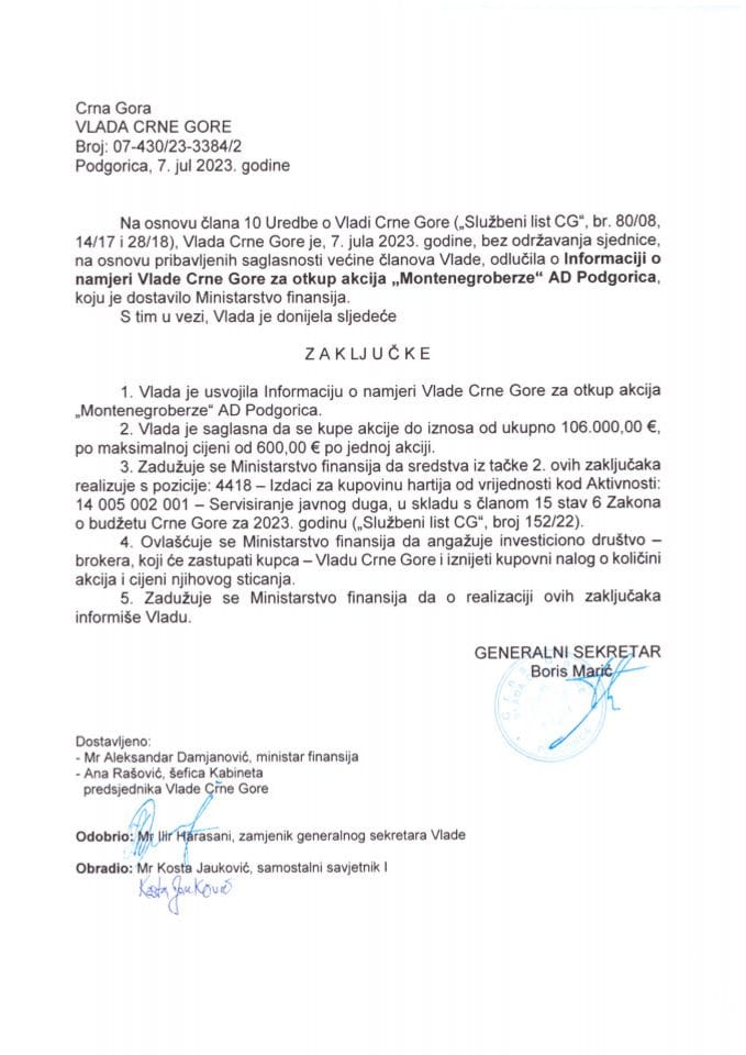 lnformacija o namjeri Vlade Crne Gore za otkup akcija Montenegroberze AD Podgorica - zaključci