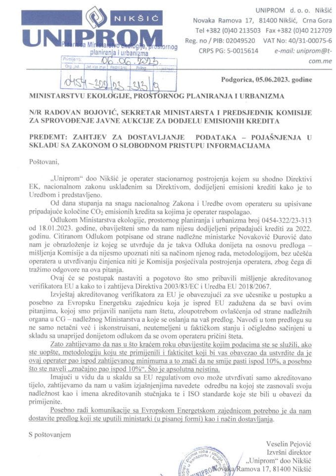Zahtjev - Slobodan pristup informacijama - 0454-322-23-313-9 Uniprom doo Nikšić