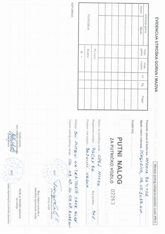 Putni nalog za korišćenje službenog vozila PG CGF46 03.07.-09.07.2023. godine