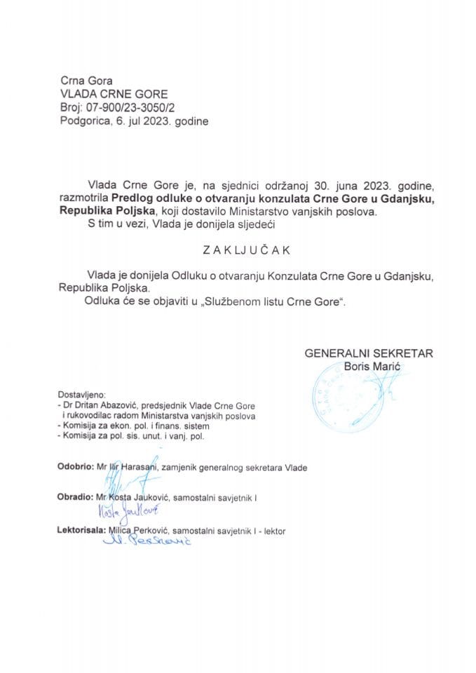 Приједлог одлуке о отварању Конзулата Црне Горе у Гдањску, Република Пољска - закључци