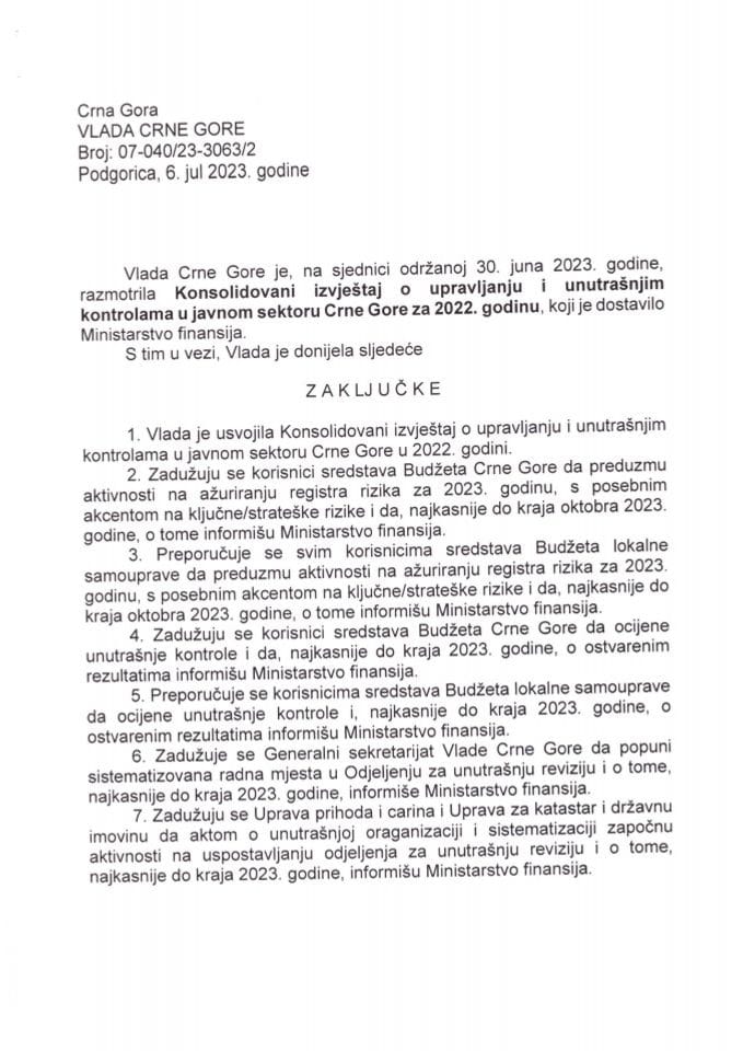 Консолидовани извјештај о управљању и унутрашњим котролама у јавном сектору Црне Горе за 2022. годину - закључци