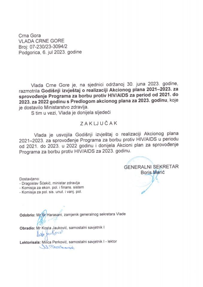 Годишњи извјештај о реализацији Акционог плана 2021-2023 за спровођење Програма за борбу против ХИВ/АИДС за период од 2021. до 2023. за 2022 годину са Приједлогом акционог плана за 2023. годину - закључци