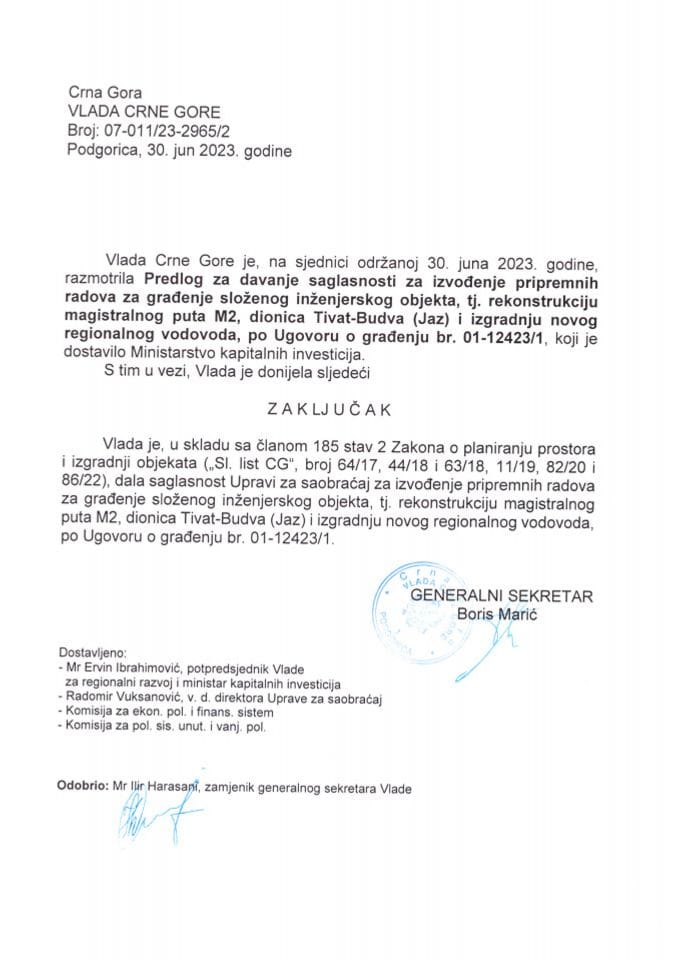 Prijedlog za davanje saglasnosti za izvođenje pripremnih radova za građenje složenog inženjerskog objekta, tj. rekonstrukciju magistralnog puta M2, dionica Tivat-Budva (Jaz) i izgradnju novog regionalnog vodovoda - zaključci