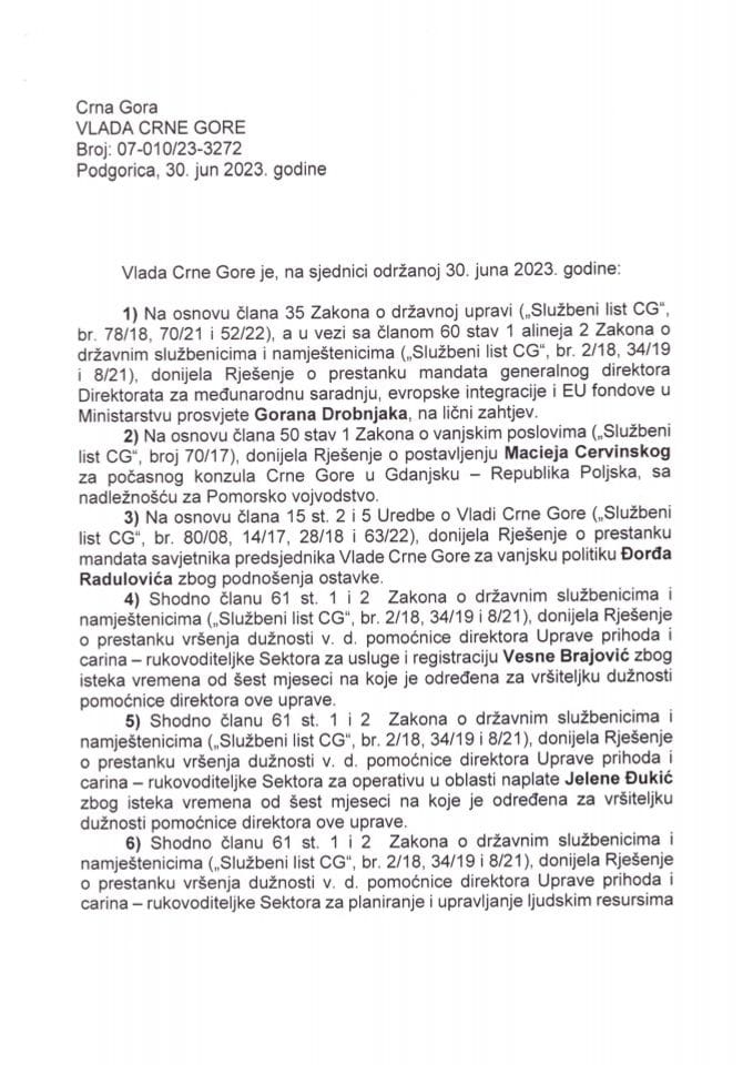 Кадровска питања са 59. сједнице Владе ЦГ - закључци