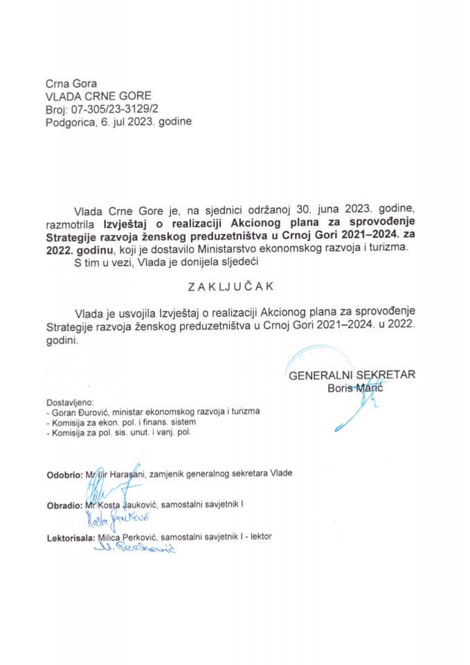 Izvještaj o realizaciji Akcionog plana za sprovođenje Strategije razvoja ženskog preduzetništva u Crnoj Gori 2021-2024, za 2022. godinu ( bez rasprave) - zaključci