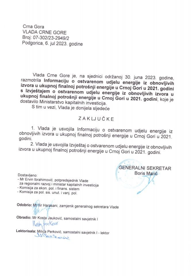 Информација о оствареном удјелу енергије из обновљивих извора у укупној финалној потрошњи енергије у Црној Гори у 2021. години са Извјештајем - закључци