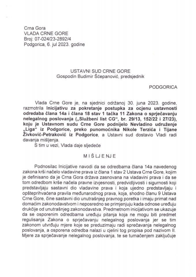 Приједлог мишљења на Иницијативу за покретање поступка за оцјену уставности одредаба члана 14а и члана 18 став 1 тачка 11 Закона о спрјечавању нелегалног пословања (‘’Службени лист ЦГ”, бр. 29/13, 152/22 и 27/23) - закључци