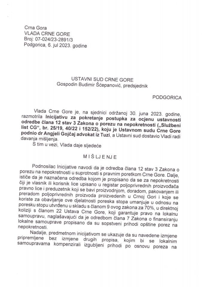 Prijedlog mišljenja na Inicijativu za pokretanje postupka za ocjenu ustavnosti odredbe člana 12 stav 3 Zakona o porezu na nepokretnosti - zaključci