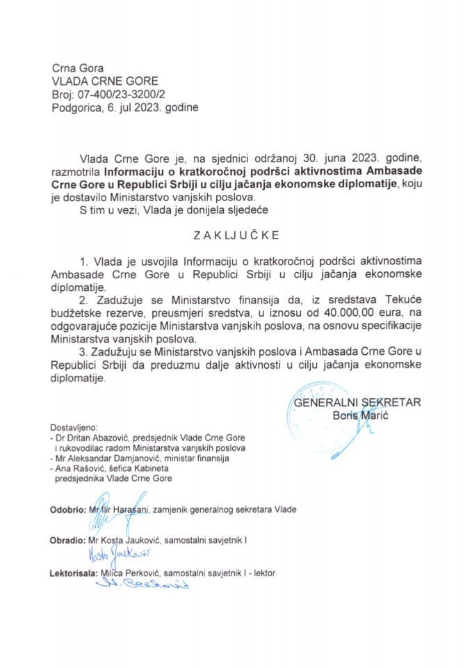 Информација о краткорочној подршци активностима Амбасаде Црне Горе у Републици Србији у циљу јачања економске дипломатије - зуакључци