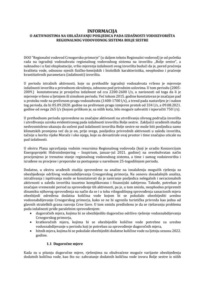 Информација о активностима на ублажавању посљедица пада издашности водоизворишта регионалног водоводног система Боље сестре