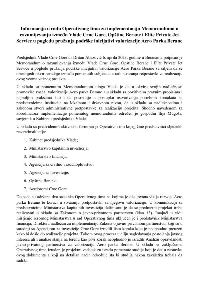 Informacija o radu Operativnog tima za implementaciju Memoranduma o razumijevanju između Vlade Crne Gore, Opštine Berane i Elite Private Jet Service u pogledu pružanja podrške inicijativi valorizacije Aero Parka Berane