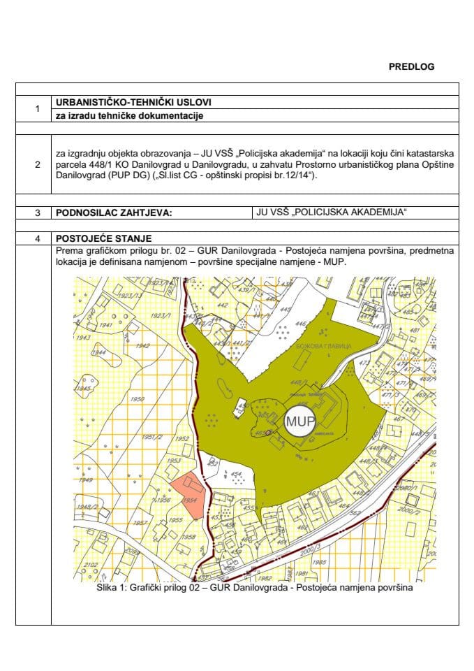 Predlog urbanističko-tehničkih uslova za izgradnju objekta obrazovanja - JU VSŠ „Policijska akademija“ na lokaciji koju čini katastarska parcela 448/1 KO Danilovgrad u Danilovgradu, u zahvatu Prostorno urbanističkog plana Opštine Danilovgrad