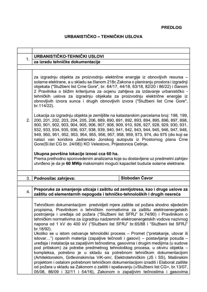 Predlog urbanističko-tehničkih uslova za izgradnju objekta za proizvodnju električne energije iz obnovljivih resursa - solarne elektrane, po zahtjevu Slobodana Čavora iz Cetinja a u skladu sa članom 218c Zakona o planiranju prostora i izgradnji objekata
