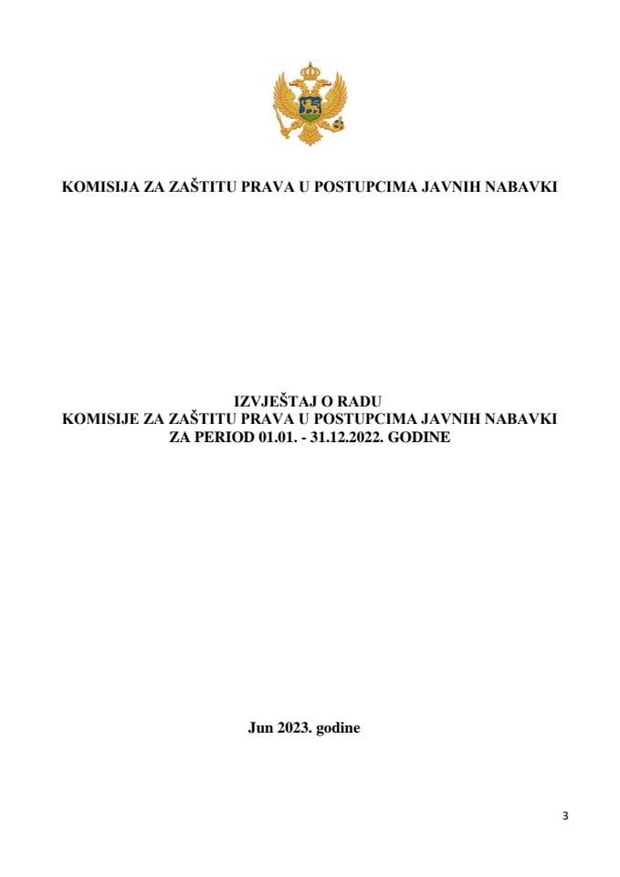 Izvještaj o radu Komisije za zaštitu prava u postupcima javnih nabavki za period 1.1. - 31.12.2022. godine