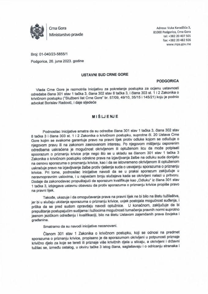 Предлог мишљења на Иницијативу за покретање поступка за оцјену уставности одредаба члана 301 став 1 тачка 3, члана 302 став 8 тачка 3 и члана 303 ст. 1 и 2 Законика о кривичном поступку