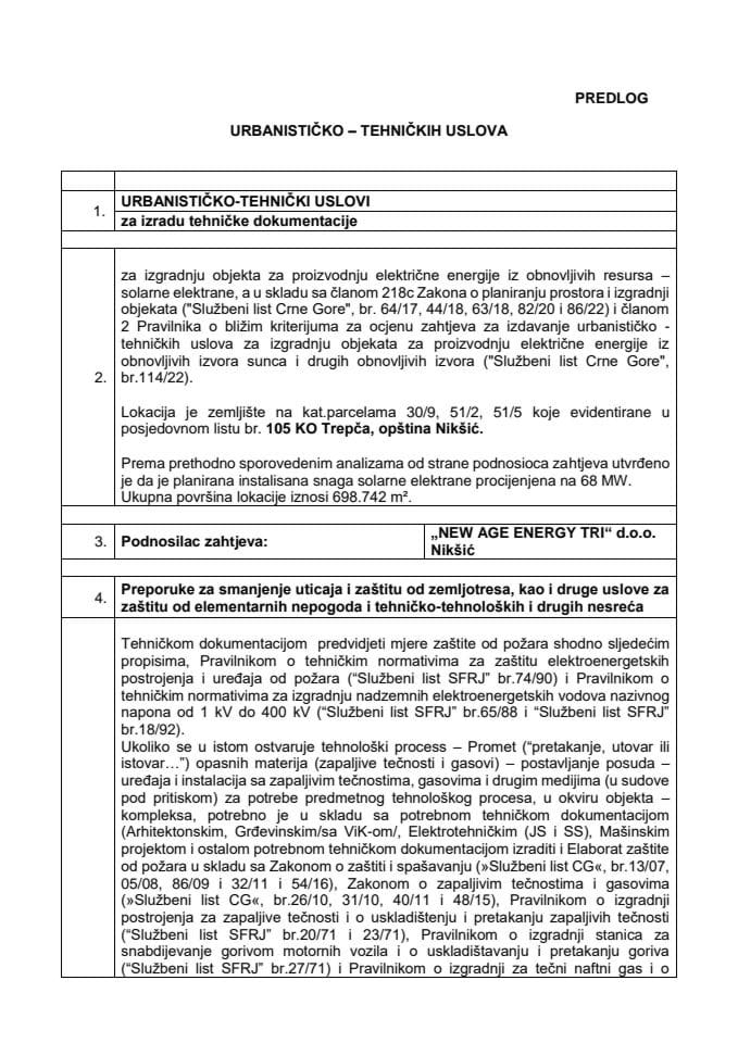 Predlog urbanističko-tehničkih uslova za izradu tehničke dokumentacije za izgradnju objekta za proizvodnju električne energije iz obnovljivih resursa – solarne elektrane, a u skladu sa članom 218c Zakona o planiranju prostora i izgradnji objekata