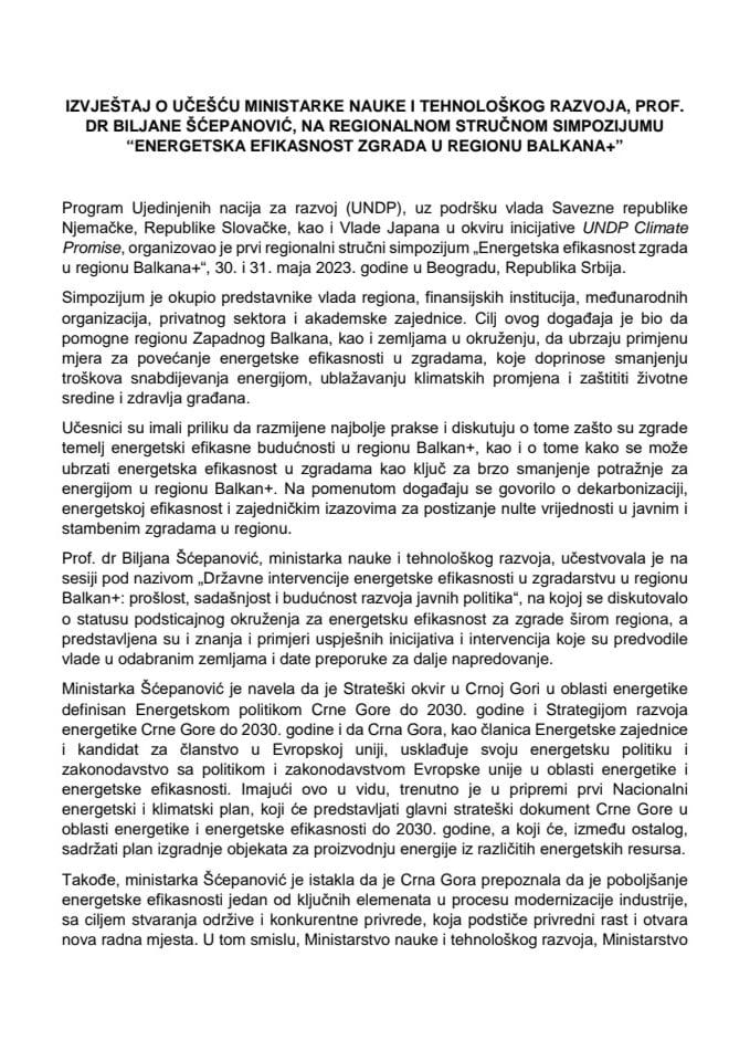 Izvještaj o učešću ministarke nauke i tehnološkog razvoja prof. dr Biljane Šćepanović, na regionalnom stručnom simpozijumu „Energetska efikasnost zgrada u regionu Balkana+“, 30-31. maj 2023. godine, Beograd, Republika Srbija