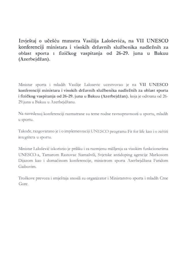 Izvještaj o učešću ministra sporta i mladih Vasilija Laloševića na VII UNESCO konferenciji ministara i visokih državnih službenika nadležnih za oblast sporta i fizičkog vaspitanja od 26. do 29. juna 2023. godine, u Bakuu, Azerbejdžan