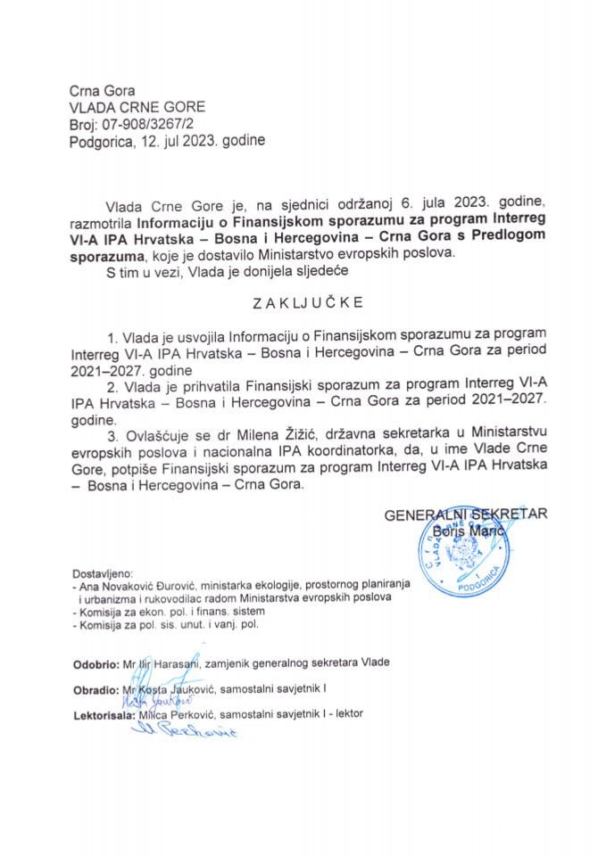 Информација о Финансијском споразуму за програм Interreg VI-A IPA Хрватска – Босна и Херцеговина – Црна Гора с Предлогом споразума - закључци