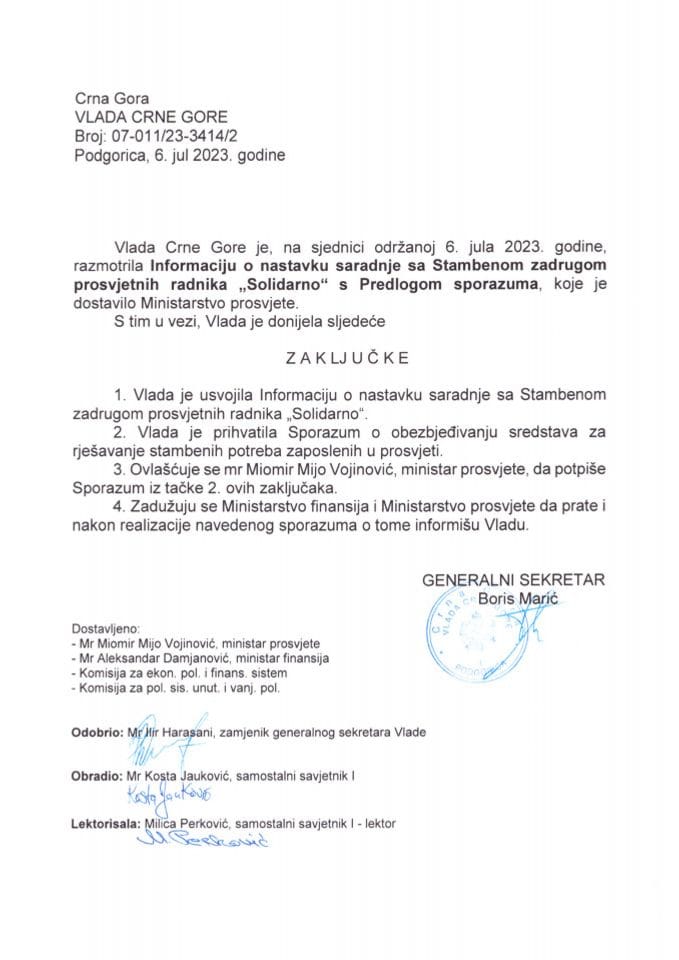 Информација о наставку сарадње са Стамбеном задругом просвјетних радника „Солидарно“ с Предлогом споразума - закључци