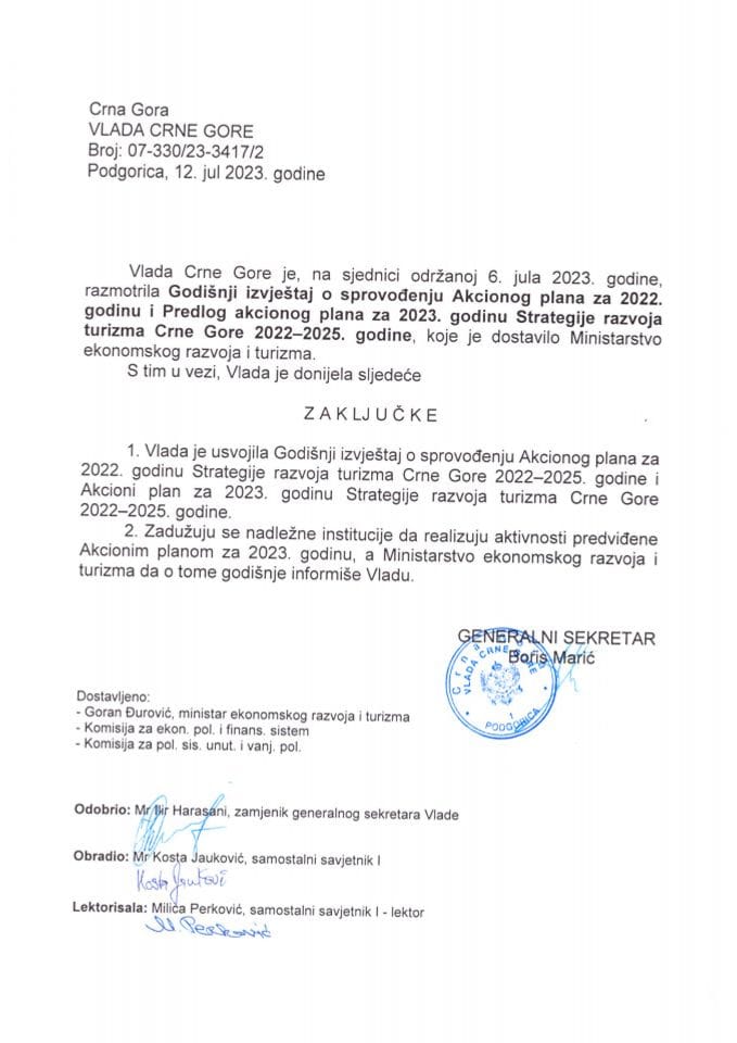 Годишњи извјештај о спровођењу Акционог плана за 2022. годину и Предлог акционог плана за 2023. годину Стратегије развоја туризма Црне Горе 2022-2025. године - закључци