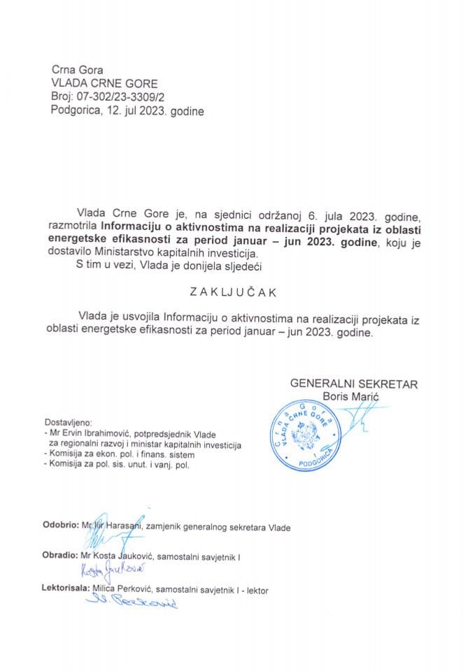 Информација о активностима на реализацији пројеката из области енергетске ефикасности, за период јануар - јун 2023. године (без расправе) - закључци