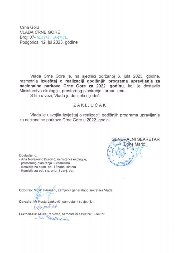 Извјештај о реализацији годишњег програма управљања за националне паркове Црне Горе за 2022. годину (без расправе) - закључци