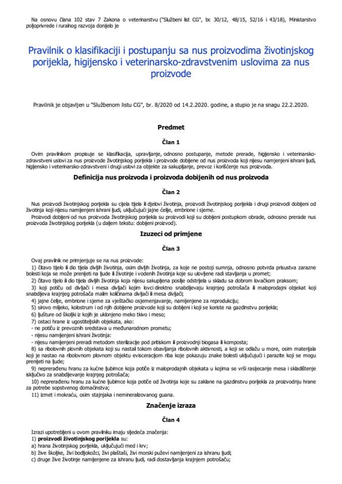 Pravilnik o klasifikaciji i postupanju sa nus proizvodima životinjskog porijekla, higijensko i veterinarsko-zdravstvenim uslovima za nus proizvode