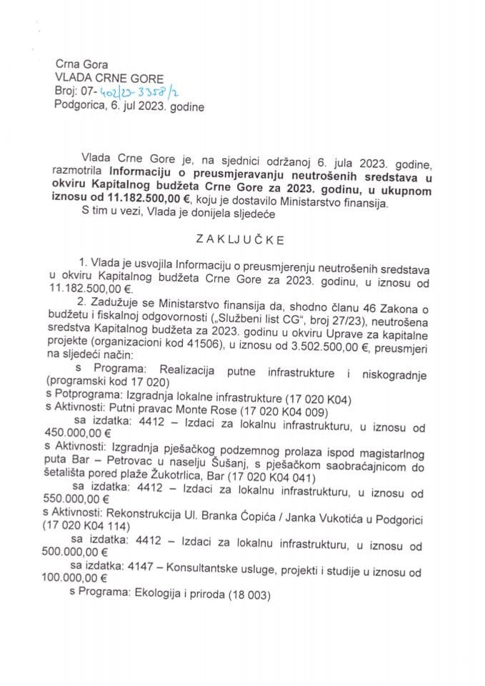 Информација о преусмјеравању неутрошених средстава у оквиру Капиталног буџета Црне Горе за 2023. годину у укупном износу од 11.182.500,00 € - закључци