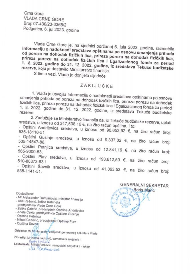 Информација о надокнади средстава општинама по основу смањења прихода од пореза на доходак физичких лица, приреза порезу на доходак физичких лица и Егализационог фонда за период од 01.08.2022. године до 31.12.2022. године - закључци