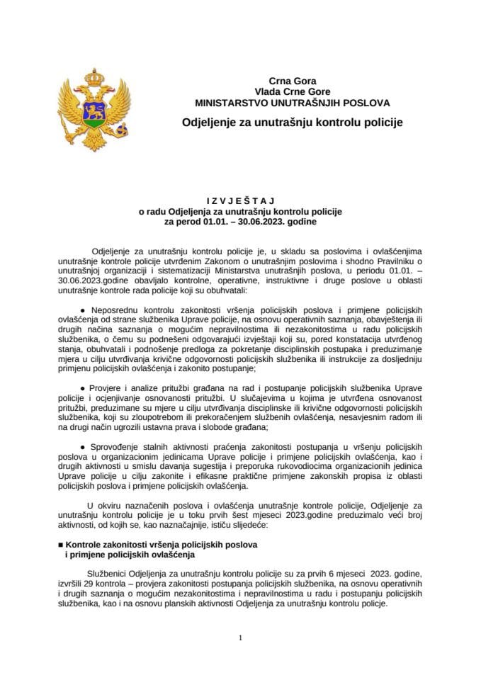 Izvještaj o radu Odjeljenja za unutrašnju kontrolu policije za perod 01.01. – 30.06.2023. godine