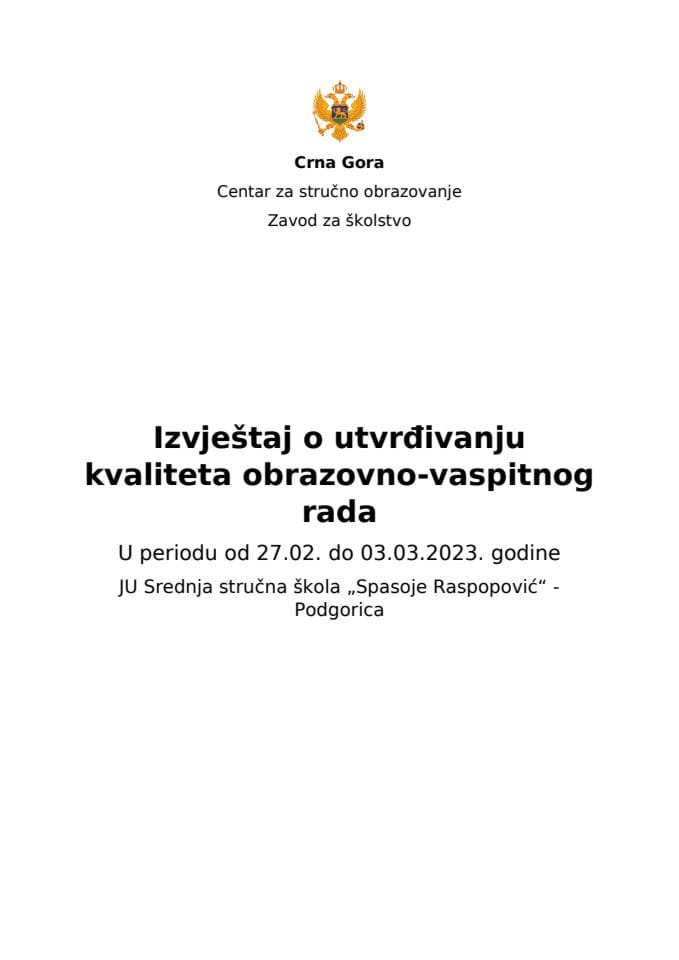 Izvještaj JU Srednja stručna škola „Spasoje Raspopović“ - Podgorica 2023