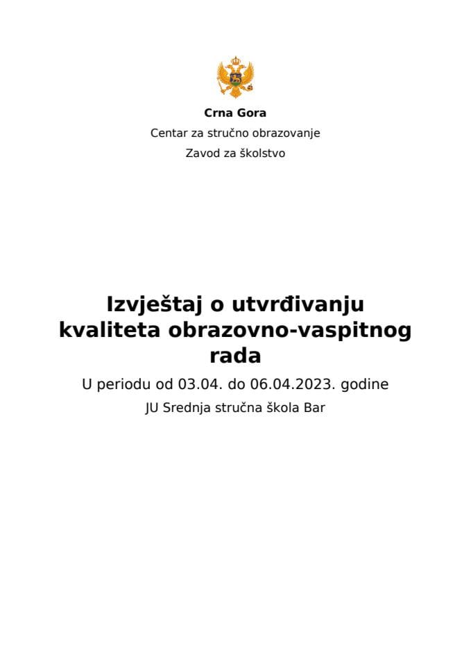 Извјештај ЈУ Средња стручна школа Бар 2023