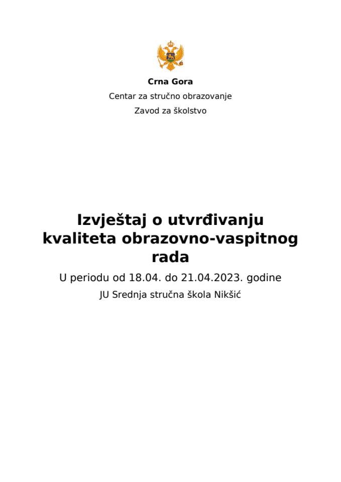 Извјештај ЈУ Средња стручна школа Никшић 2023