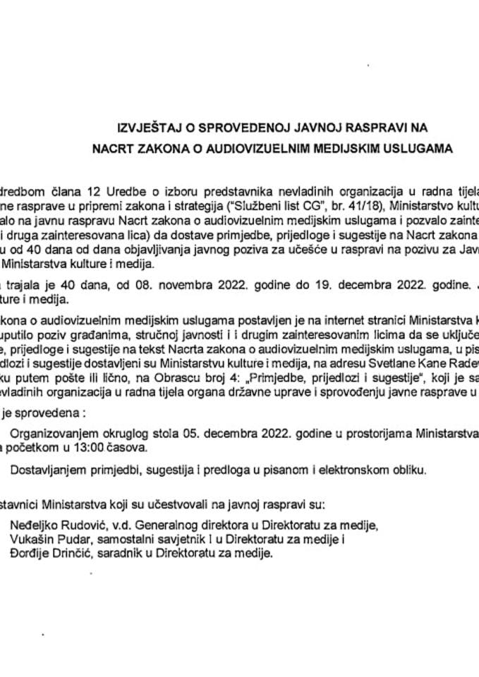 Izvještaj sa javne rasprave - Nacrt zakona o audiovizuelnim medijskim uslugama