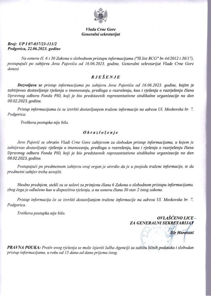Informacija kojoj je pristup odobren po zahtjevu Jova Pajovića od 16.06.2023. godine – UP I - 07-037/23-111/2