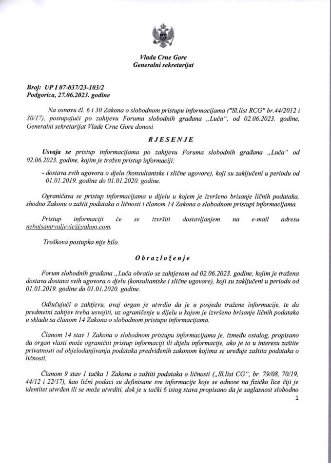 Информација којој је приступ одобрен по захтјеву Форума слободних грађана "Луча" од 02.06.2023. године – УП И - 07-037/23-103/2