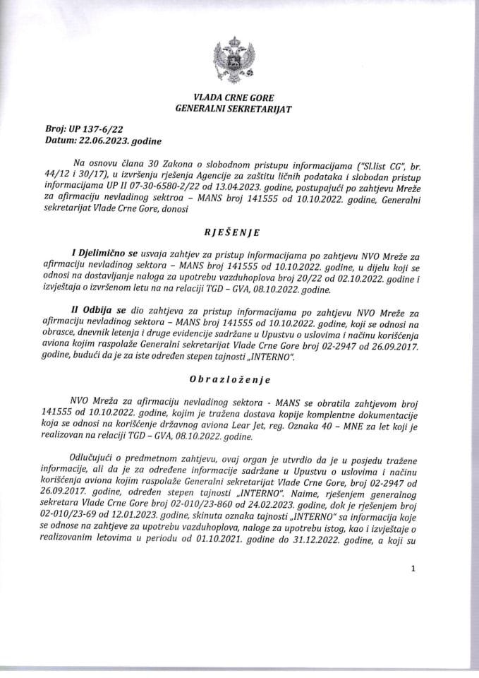Информација којој је приступ одобрен по захтјеву НВО Мрежа за афирмацију невладиног сектора МАНС од 10.10.2022. године – УП 137-6/22