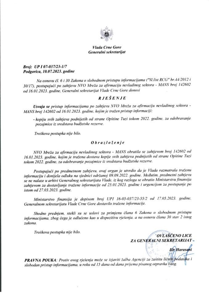 Информација којој је приступ одобрен по захтјеву НВО Мрежа за афирмацију невладиног сектора МАНС од 16.01.2023. године – УП И - 07-037/23-1/7