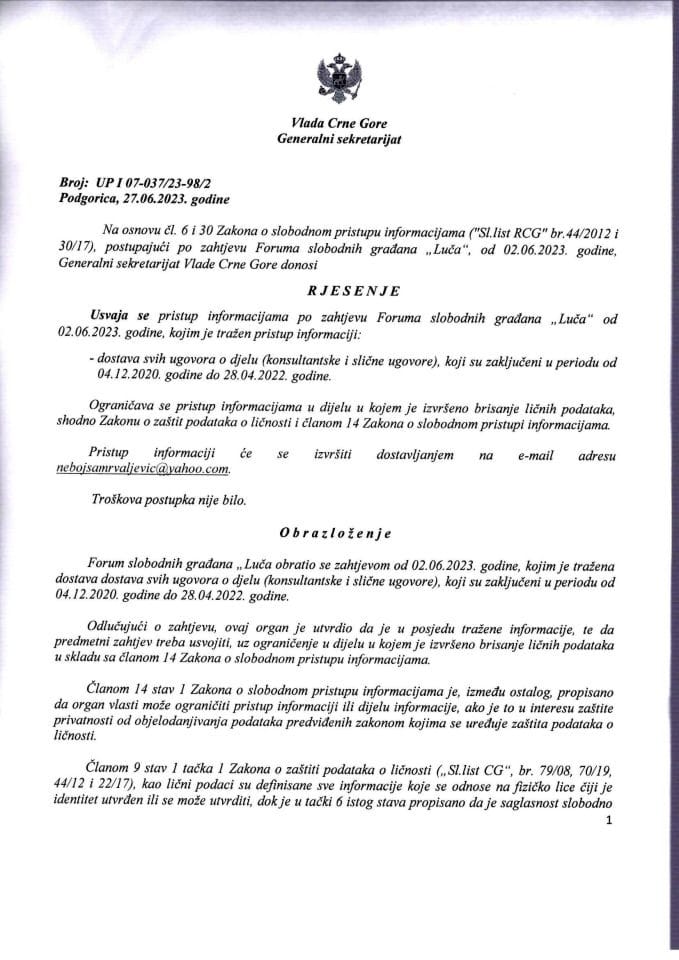 Информација којој је приступ одобрен по захтјеву Форума слободних грађана "Луча" од 02.06.2023. године – УП И - 07-037/23-98/2