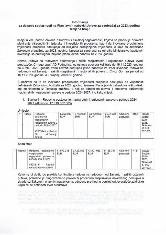 Информација за давање сагласности на План јавних набавки Управе за саобраћај за 2023. годину - Измјена број 3