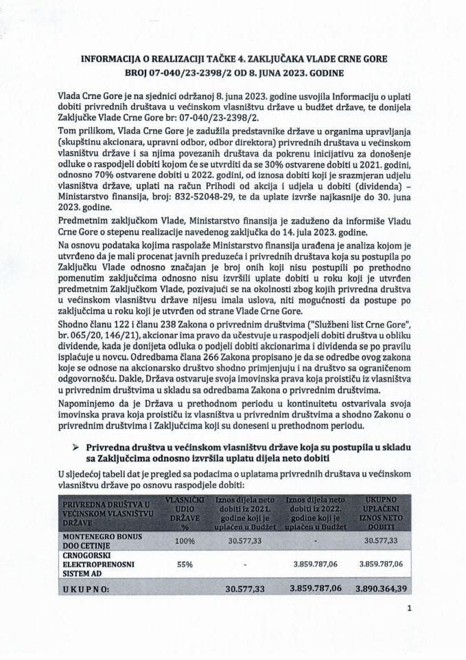 Информација о реализацији тачке 4. Закључака Владе Црне Горе, број: 07-040/23-2398/2, од 8. јуна 2023. године