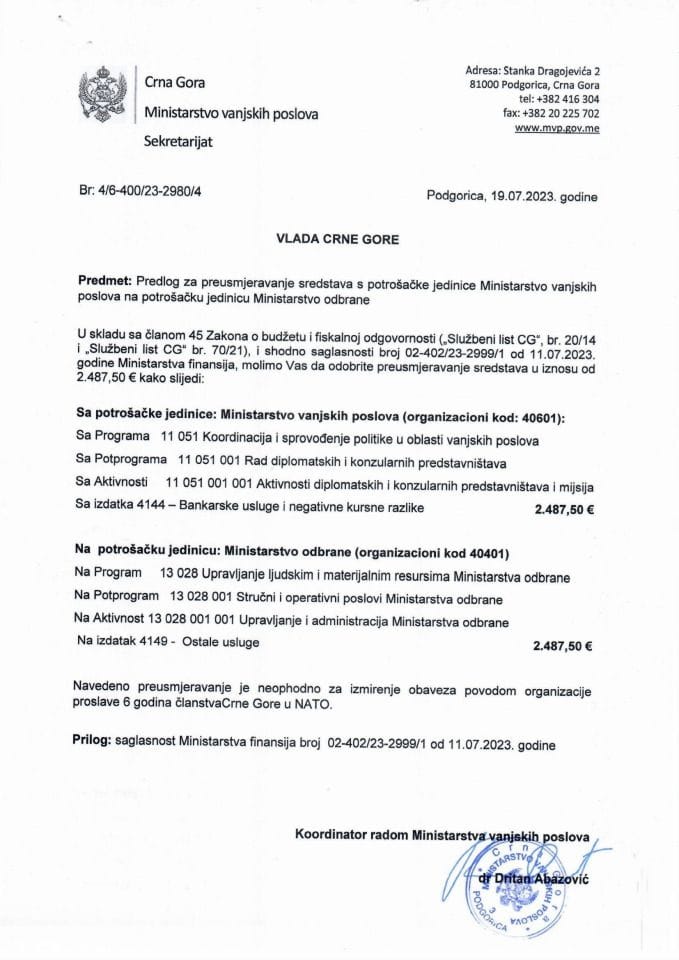 Предлог за преусмјеравање стредстава са потрошачке јединице Министарство вањских послова на потрошачку јединицу Министарство одбране