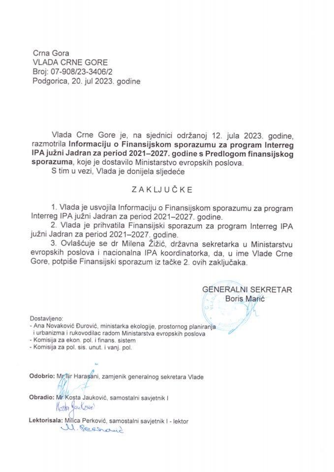 Informacija o Finansijskom sporazumu za program Interreg IPA Južni Jadran, za period 2021-2027 sa Predlogom finansijskog sporazuma - zaključci