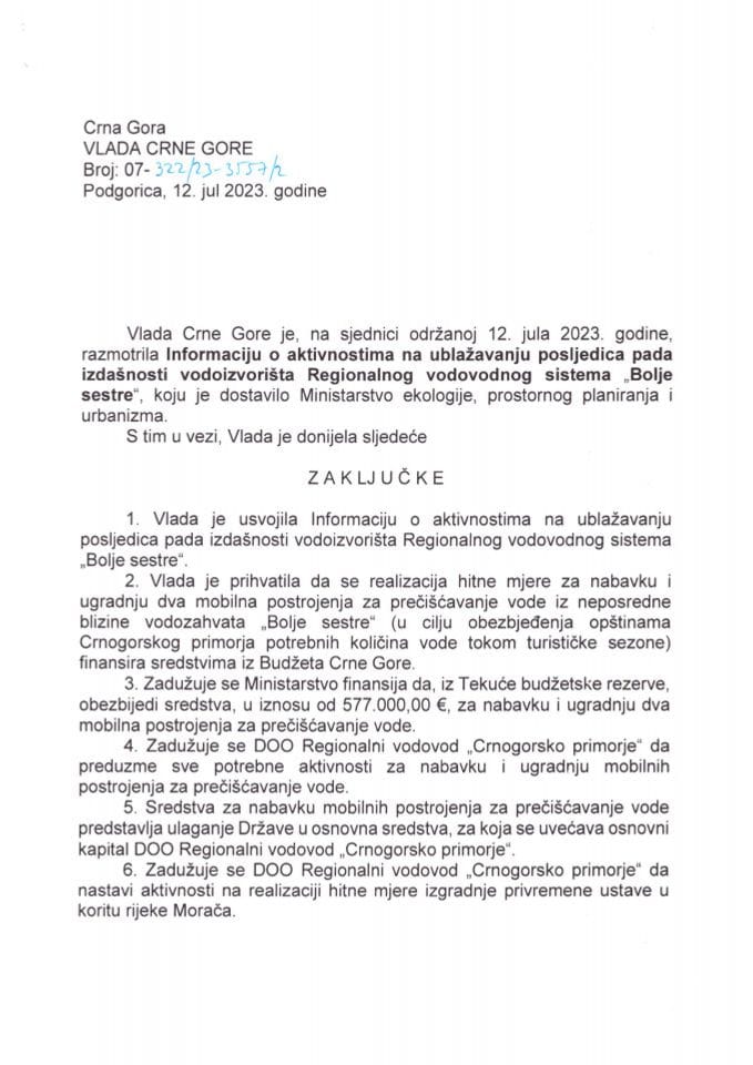 Информација о активностима на ублажавању посљедица пада издашности водоизворишта регионалног водоводног система Боље сестре - закључци