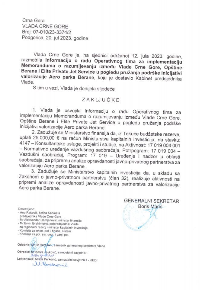 Informacija o radu Operativnog tima za implementaciju Memoranduma o razumijevanju između Vlade Crne Gore, Opštine Berane i Elite Private Jet Service u pogledu pružanja podrške inicijativi valorizacije Aero Parka Berane - zaključci