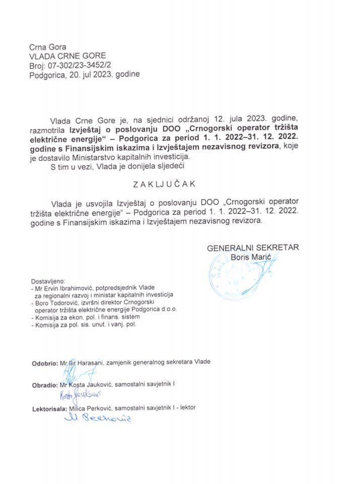 Izvještaj o poslovanju DOO „Crnogorski operator tržišta električne energije“- Podgorica, za period 01.01.2022. - 31.12.2022. godine sa Finansijskim iskazima i Izvještajem nezavisnog revizora - zaključci