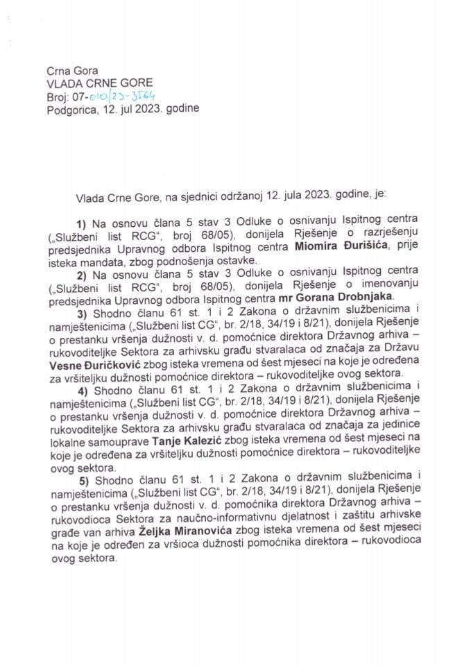 Kadrovska pitanja sa 61. sjednice Vlade Crne Gore - zaključci